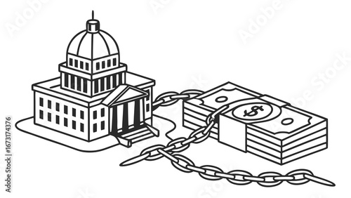 Government building chained to money stack, symbolizing political finance, lobbying, influence, and corruption. Black and white line art.