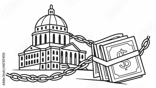 Government Building Chained to Money Stack: Political Finance & Corruption Concept Illustration