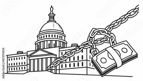 Money's grip on government: illustration of financial influence, political corruption, and lobbying power over legislative bodies.