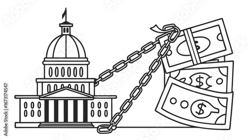 Government Building Chained to Money Stack: Political Influence, Finance, and Corruption Concept