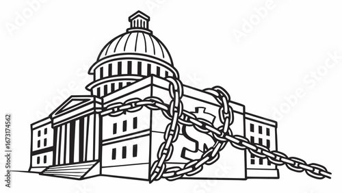 Financial influence over government: Capitol building shackled by money chain with dollar sign illustration