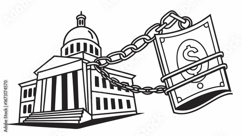 Government Building Chained to Money: Political Funding, Financial Influence & Power Dynamics Concept