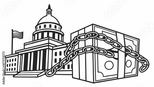 Government Financial Control: Capitol Building with Chained Money Stack Illustration