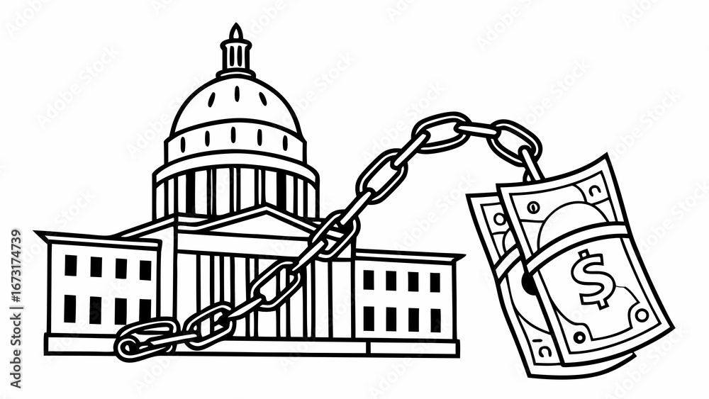 Fototapeta premium Lobbying & Political Funding: Capitol Building Chained to Dollar Bills, Symbolizing Financial Influence