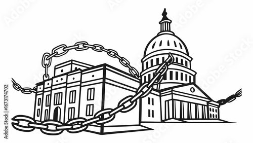 Chained Capitol & Government Building Illustration: Symbolizing Political Restriction, Control, and Systemic Issues