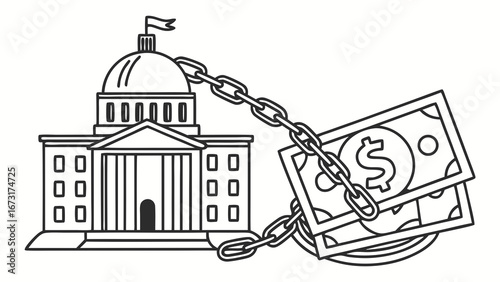 Government Building Chained to Money: Financial Influence, Political Corruption & Debt Concept