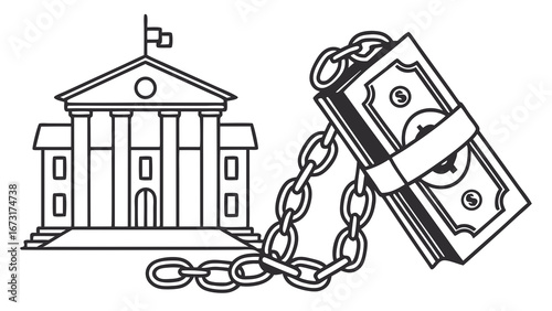 Government Building Chained to Money: Public Debt, Financial Burden, and Economic Control Concept