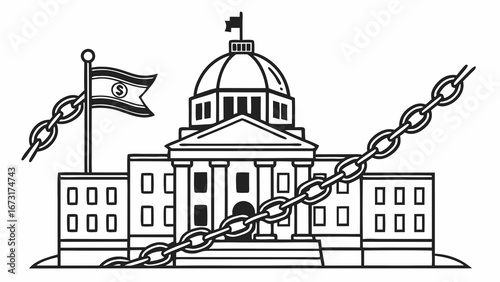 Chained Government Building with Dollar Flag - Symbol of Corruption and Financial Control