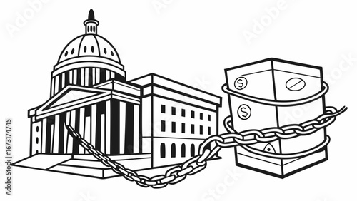 Government building chained to money box, symbolizing political influence and financial ties. Power dynamics concept.