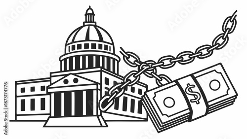 Financial Influence on Government: Capitol Building Chained to Money Stack - Political Corruption Concept