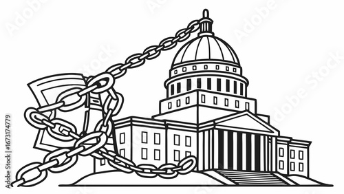 Government Building Chained by Money: Political Corruption, Lobbying, Financial Influence Concept Art