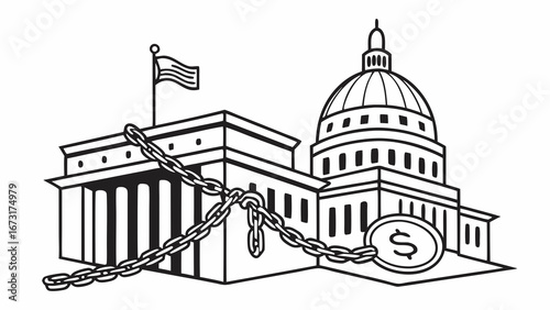 Money's Influence on Government: Chains on Political Buildings & Dollar Symbol