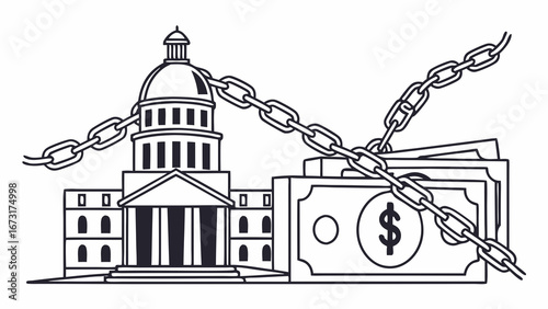 Chained government building and money illustration representing financial control, political power, and economic restriction concepts