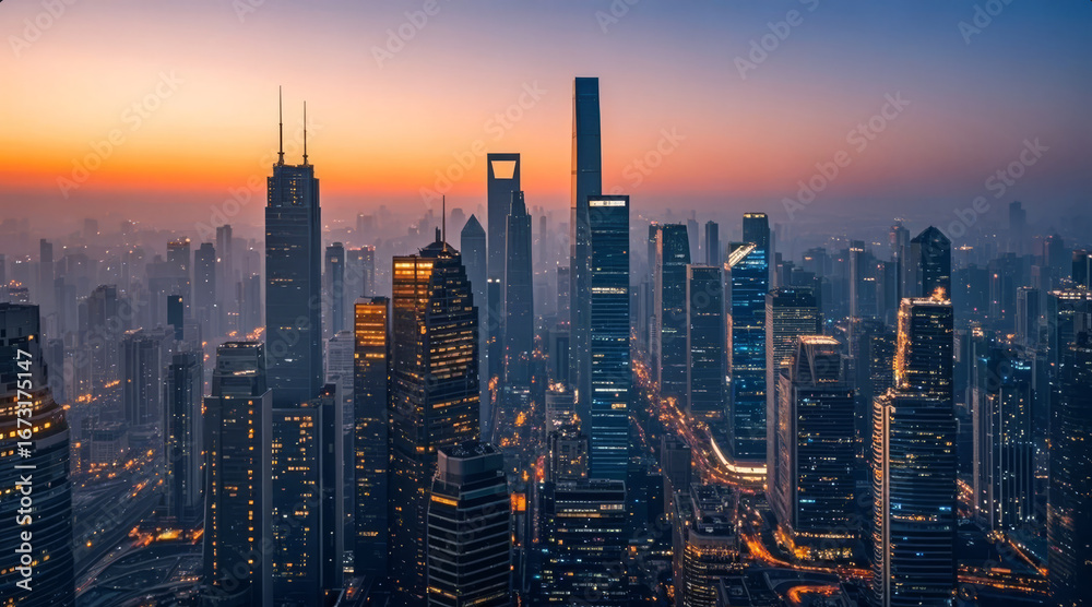 Obraz premium Shanghai Sunset City Skyline, Pudong Bustling Urban Architecture