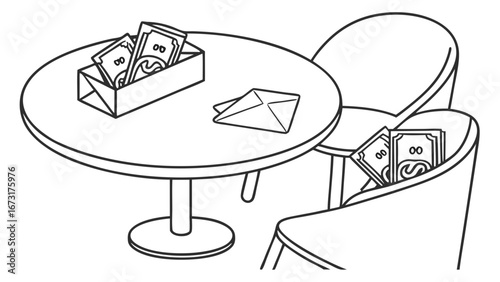 Line Art Illustration: Money, Bills, and Coins on Cafe Table and Chair. Payment, Tips, or Forgotten Funds.
