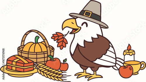 Cute Shy Eagle in a Thanksgiving world – Grateful Harvest palette vector
