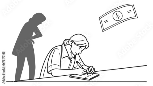 Financial planning and pressure: Woman writing with a watchful shadow and money. Budgeting, debt, economic stress.