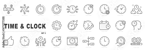 Time and clock line icons for schedule, deadline, calendar, productivity, management, workflow, automation, tracking, timezone, fast performance, outline, editable stroke
