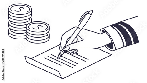 Financial Agreement Illustration: Hand Writing Document with Stacked Coins for Payment, Contract, or Investment