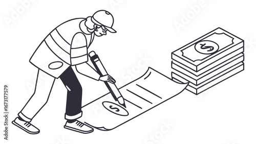 Person signing financial agreement next to money stack. Contract, payment, investment, income concept. Isometric line art.