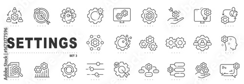 Outline settings icon set featuring gears, configuration, automation, workflow, update controls, performance analytics, documentation, team collaboration, dashboard interface, editable stroke.