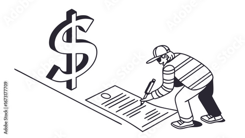 Person signing a financial contract document with a large dollar sign, representing agreement, transaction, or investment.