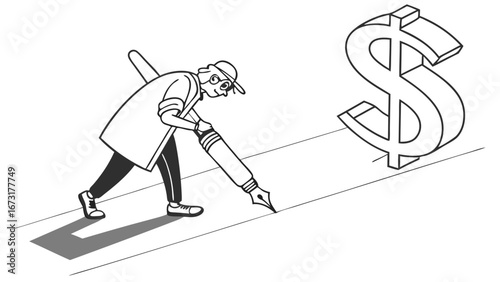 Creative professional drawing path to financial success with a large pen towards a dollar sign