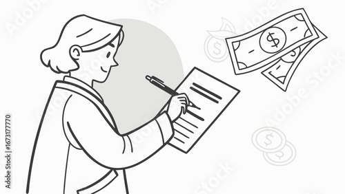 Smiling Person Writing Financial Document with Floating Cash & Coins Line Art