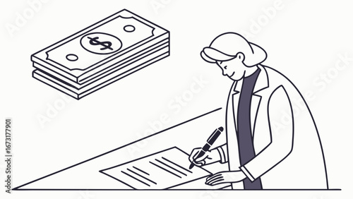 Businesswoman Signing Financial Agreement with Money Stack Illustration