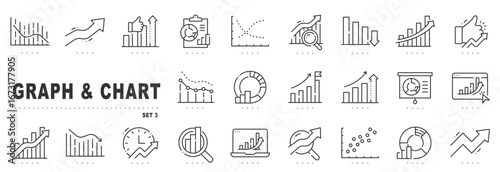 Graph and chart icons for analytics and data dashboards, showing growth trends, forecast metrics, KPI, performance, and business reporting insight