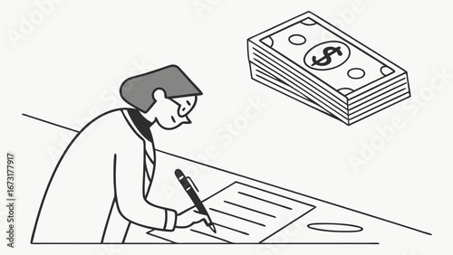 Earning Money Through Paperwork: Person Writing Document with Stack of Cash. Financial Work Illustration.