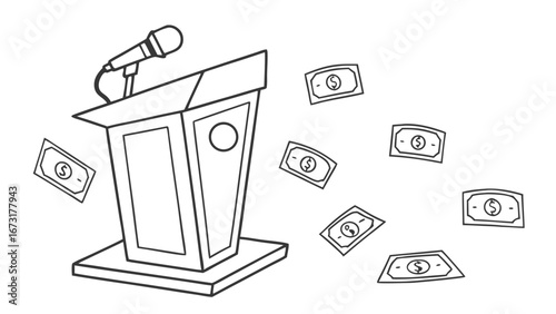 Podium with Microphone and Flying Money Bills: Financial Speech, Funding, or Political Gain Concept Illustration