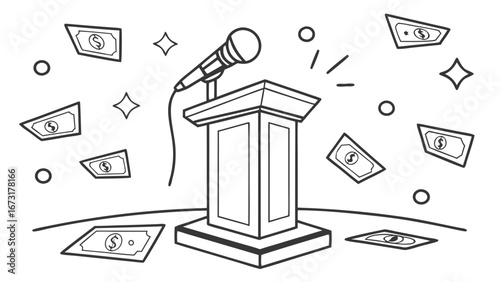 Public Speaking Success & Financial Reward: Podium, Microphone, and Falling Money Illustration