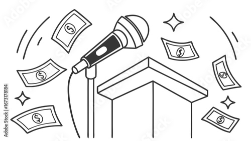 Earning from Public Speaking: Microphone, Podium, and Money Illustration
