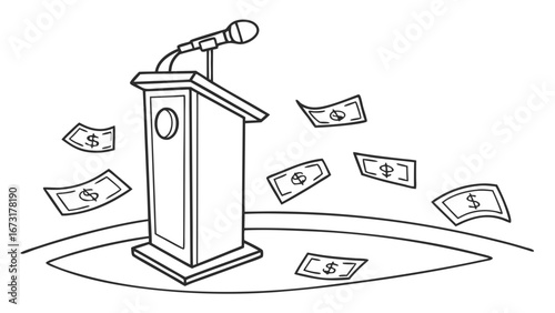 Public Speaking Podium with Flying Money Bills - Financial Influence, Corruption, or Funding Concept Illustration