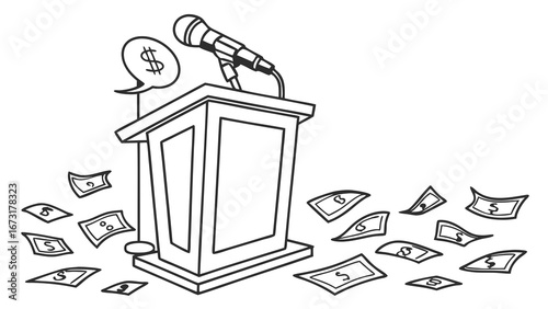 Financial Speech Concept: Podium, Microphone, and Falling Money Illustration