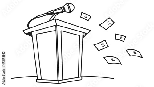 Public Speaking Financial Gain: Podium, Microphone, and Flying Banknotes Illustration