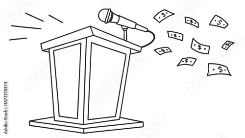 Public Speaking for Profit: Cartoon Podium with Microphone Emitting Dollar Bills