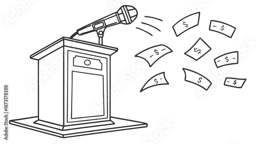 Public Speaking for Profit: Microphone, Podium, and Flying Cash - Line Art Illustration