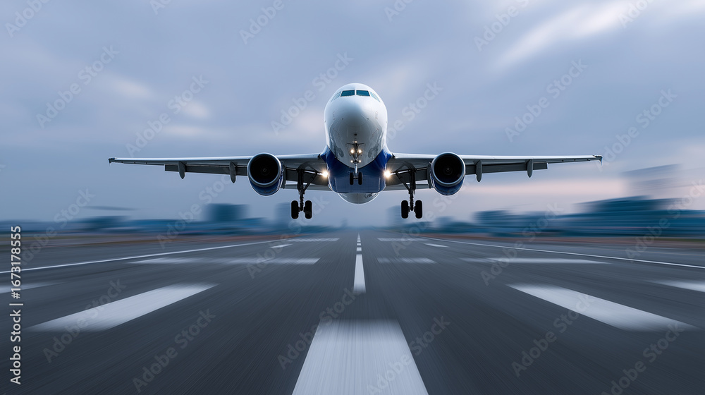 Obraz premium Commercial airplane taking off from runway at sunrise captured from ground level. 