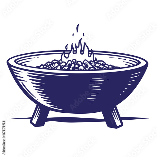 Decorative hand drawn charcoal grill with burning flames and charcoal isolated on white