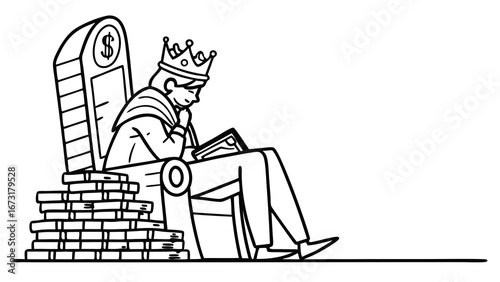 Crowned Figure on Money Throne Reading Book, Financial Education & Investment Concept