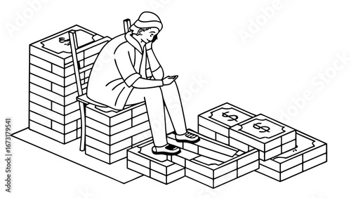 Financial Contemplation: Person Sitting on Stacks of Money, Pondering Wealth Management Strategy