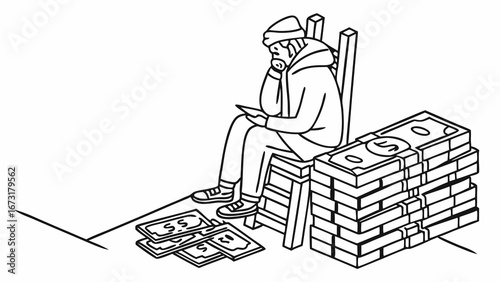 Man with Stacks of Money Contemplating Financial Decisions & Wealth Management