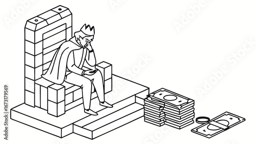 Pensive King on Throne with Stack of Money. Financial Burden and Wealth Management Concept.