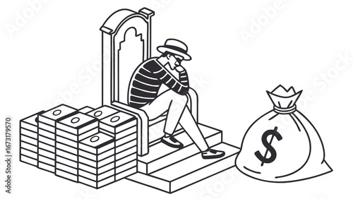 Thoughtful man on throne with money, contemplating wealth, power, and financial burden. Line art illustration.