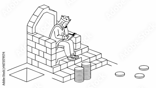 King on Throne with Coins: Financial Planning & Wealth Management Concept Line Art