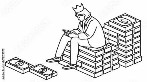 Crowned Figure on Money Stacks Managing Digital Finances