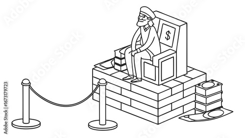 Wealthy Figure on Money Throne Behind Rope Barrier - Financial Power & Greed Concept Line Art