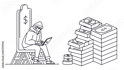 Online Wealth Generation: Person on Throne Using Laptop, Surrounded by Money Stacks